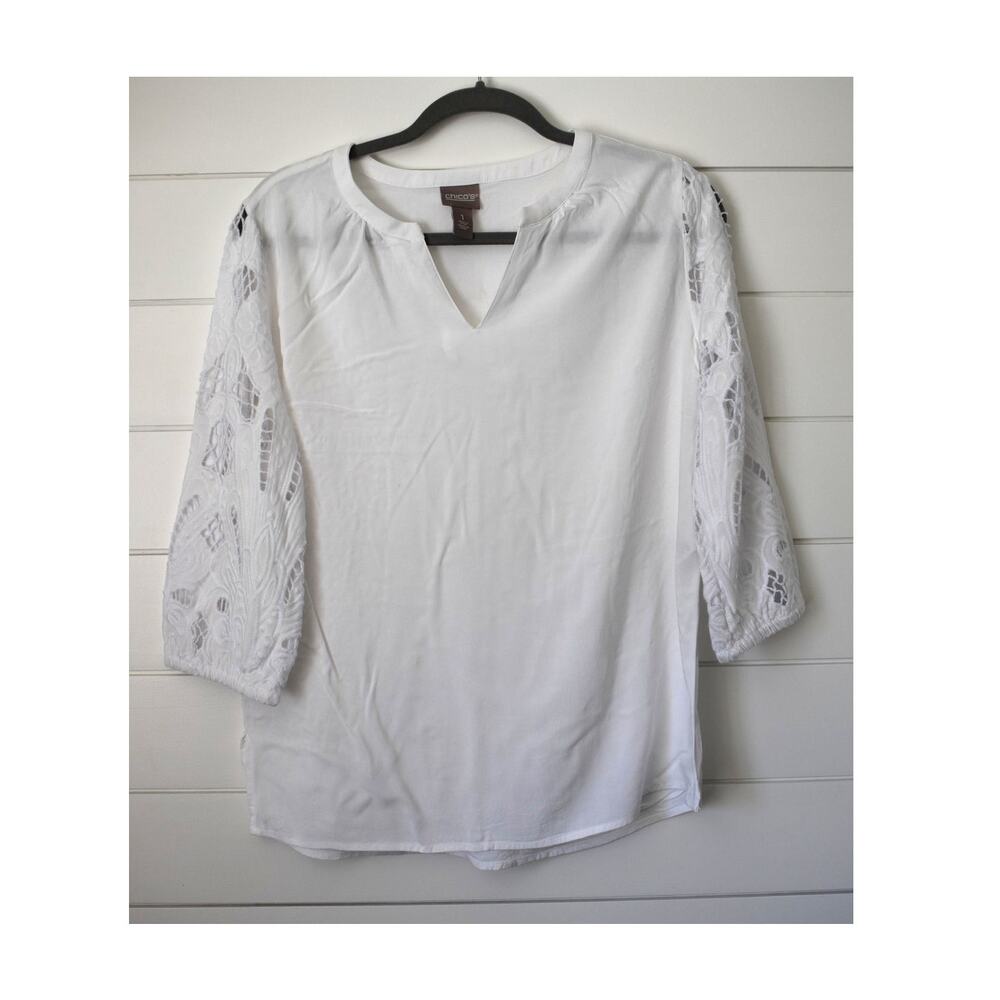 Chico's Top Size 1 Small Medium White Pullover Blouse Crochet Sleeves Shirt